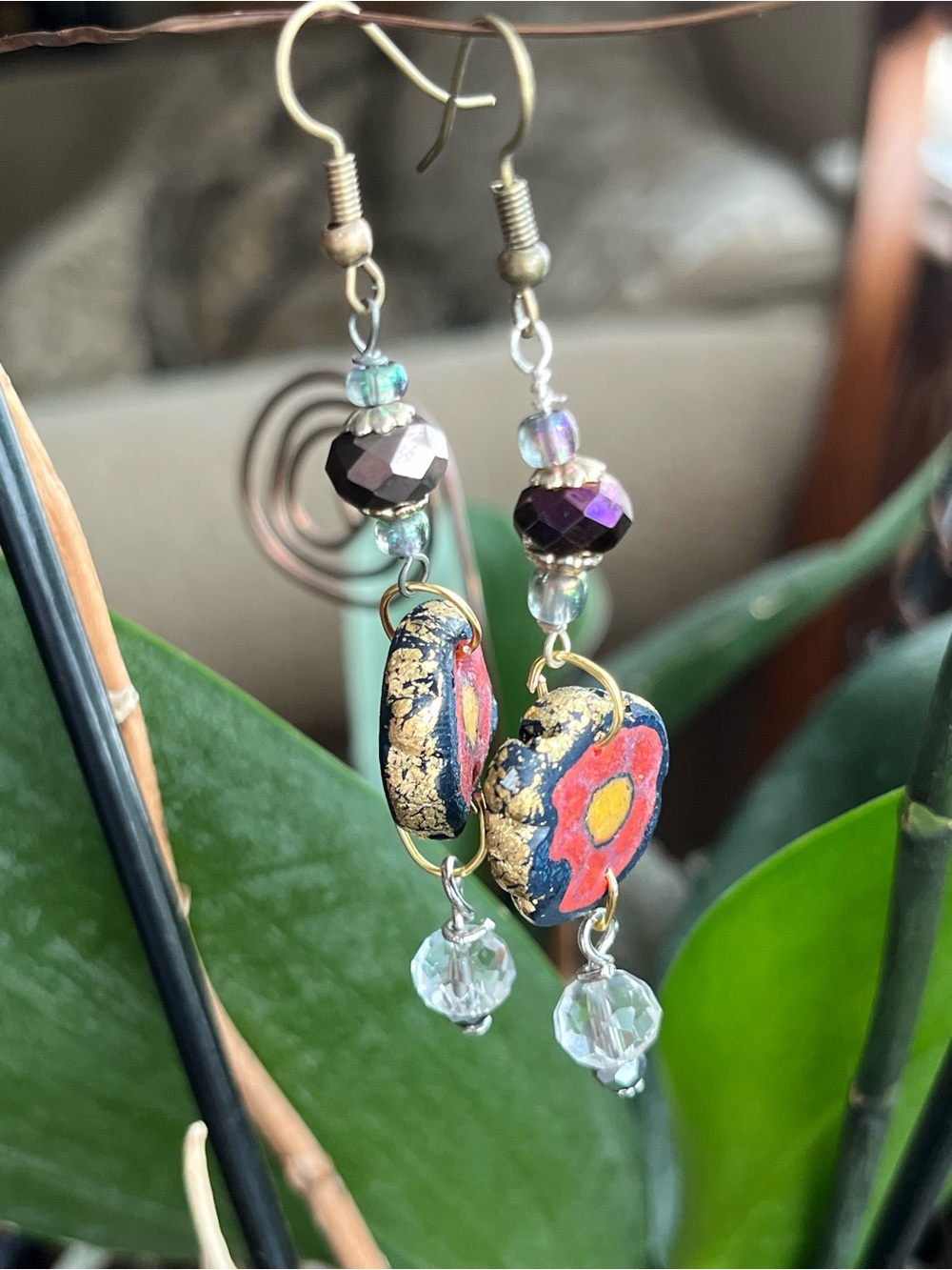 Handcrafted Polymer Clay Floral Red and Gold Dangle Earrings — Women Jewelry